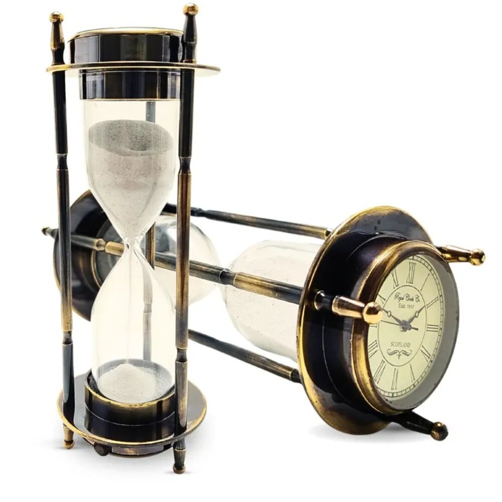 Antique Brass Compass Hourglass Nautical Maritime Sand Timer Desk Clock Decor